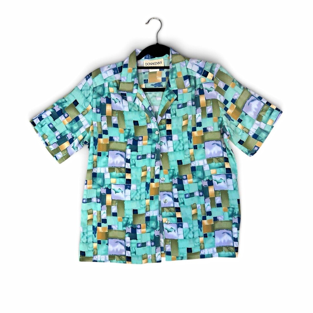 DONNKENNY Geometric Multicolor Short Sleeve Button Up Blouse Size Medium NWT